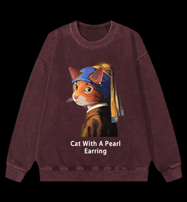 Jan Vermeer:Cat With A Pearl Earring Shark Vintage Washed 100% Cotton Sweatshirt