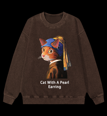 Jan Vermeer:Cat With A Pearl Earring Shark Vintage Washed 100% Cotton Sweatshirt