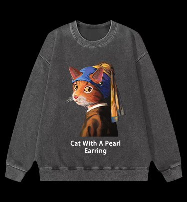 Jan Vermeer:Cat With A Pearl Earring Shark Vintage Washed 100% Cotton Sweatshirt