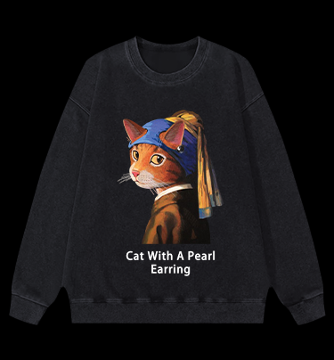Jan Vermeer:Cat With A Pearl Earring Shark Vintage Washed 100% Cotton Sweatshirt