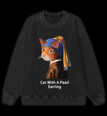 Jan Vermeer:Cat With A Pearl Earring Shark Vintage Washed 100% Cotton Sweatshirt