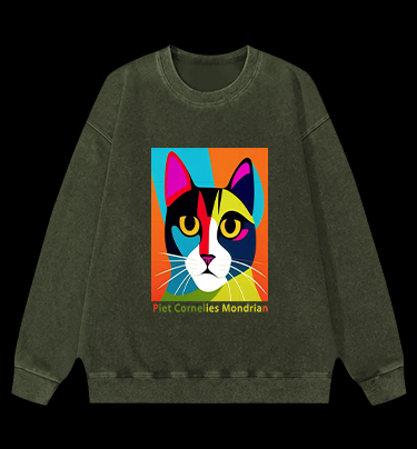 Piet Cornelies Mondrian Cat Vintage Washed 100% Cotton Sweatshirt