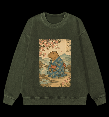 Capybara Warrior Vintage Washed 100% Cotton Sweatshirt
