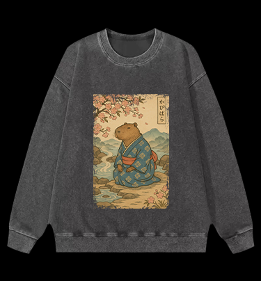 Capybara Warrior Vintage Washed 100% Cotton Sweatshirt