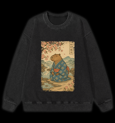 Capybara Warrior Vintage Washed 100% Cotton Sweatshirt