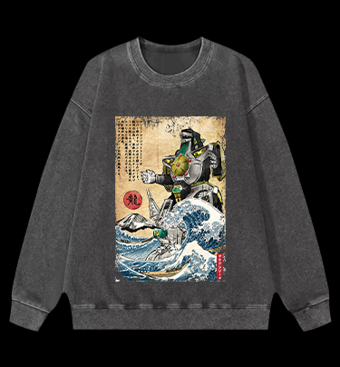 Godzilla Ukiyo-e Vintage Washed 100% Cotton Sweatshirt
