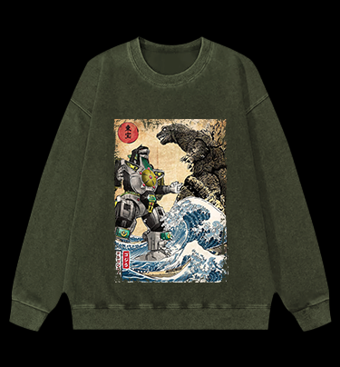 Mechagodzilla Ukiyo-e Monster Vintage Washed 100% Cotton Sweatshirt