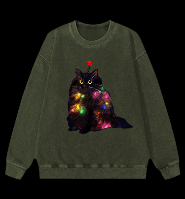 Christmas Lights Cat Vintage Washed 100% Cotton Sweatshirt