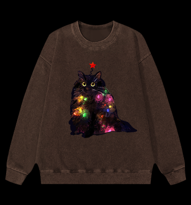 Christmas Lights Cat Vintage Washed 100% Cotton Sweatshirt