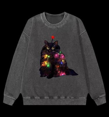 Christmas Lights Cat Vintage Washed 100% Cotton Sweatshirt