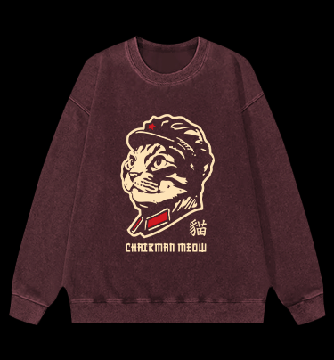 Chinese Spirit Cat Vintage Washed 100% Cotton Sweatshirt