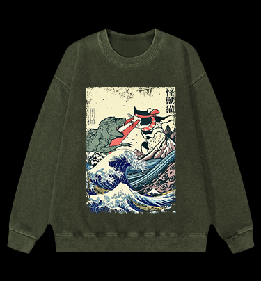 Retro Japanese Great Wave Cat VS Monster Vintage Washed 100% Cotton Sweatshirt