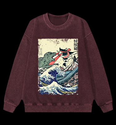 Retro Japanese Great Wave Cat VS Monster Vintage Washed 100% Cotton Sweatshirt