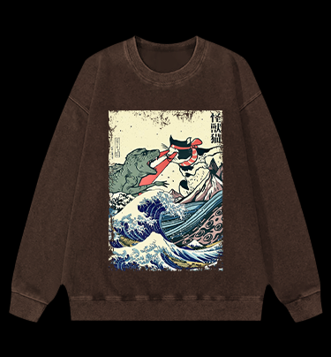 Retro Japanese Great Wave Cat VS Monster Vintage Washed 100% Cotton Sweatshirt