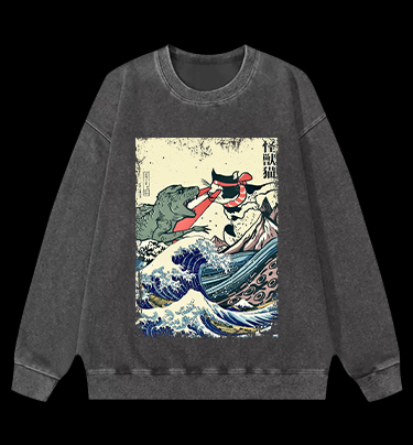 Retro Japanese Great Wave Cat VS Monster Vintage Washed 100% Cotton Sweatshirt