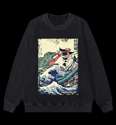 Retro Japanese Great Wave Cat VS Monster Vintage Washed 100% Cotton Sweatshirt