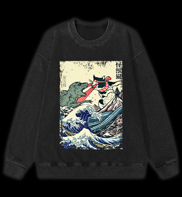 Retro Japanese Great Wave Cat VS Monster Vintage Washed 100% Cotton Sweatshirt