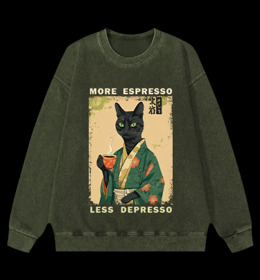 More Caffeine Less Sadness Cat Vintage Washed 100% Cotton Sweatshirt