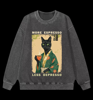 More Caffeine Less Sadness Cat Vintage Washed 100% Cotton Sweatshirt