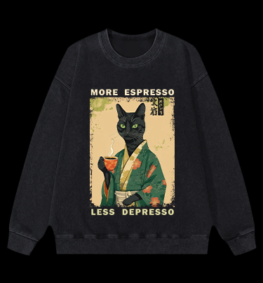 More Caffeine Less Sadness Cat Vintage Washed 100% Cotton Sweatshirt