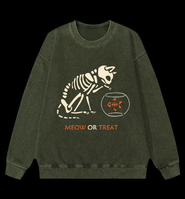 Meow Or Treat Vintage Washed 100% Cotton Sweatshirt