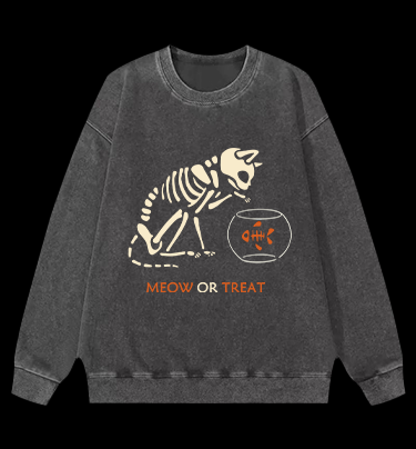 Meow Or Treat Vintage Washed 100% Cotton Sweatshirt