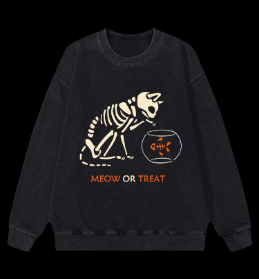 Meow Or Treat Vintage Washed 100% Cotton Sweatshirt