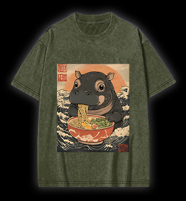 Hippo's Ramen Feast Vintage Washed 100% Cotton T-Shirt