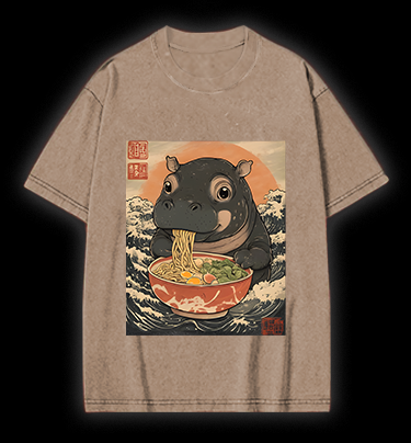 Hippo's Ramen Feast Vintage Washed 100% Cotton T-Shirt
