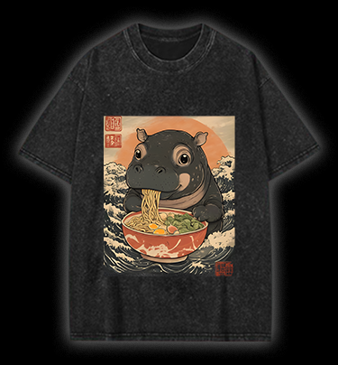 Hippo's Ramen Feast Vintage Washed 100% Cotton T-Shirt