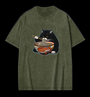 Cat's Ramen Feast Vintage Washed 100% Cotton T-Shirt