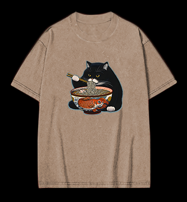 Cat's Ramen Feast Vintage Washed 100% Cotton T-Shirt