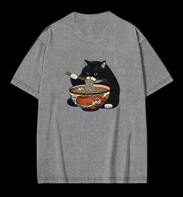 Cat's Ramen Feast Vintage Washed 100% Cotton T-Shirt