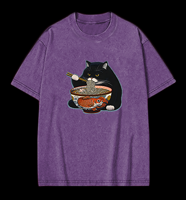 Cat's Ramen Feast Vintage Washed 100% Cotton T-Shirt