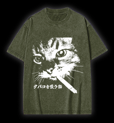 Cat: Rebel Smoker Vintage Washed 100% Cotton T-Shirt