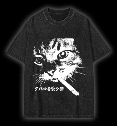 Cat: Rebel Smoker Vintage Washed 100% Cotton T-Shirt