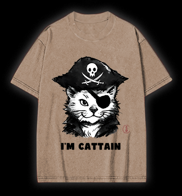 Pirate Cat Vintage Washed 100% Cotton T-Shirt