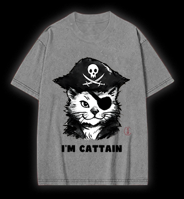 Pirate Cat Vintage Washed 100% Cotton T-Shirt