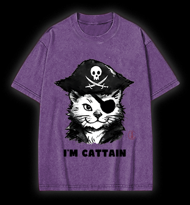 Pirate Cat Vintage Washed 100% Cotton T-Shirt