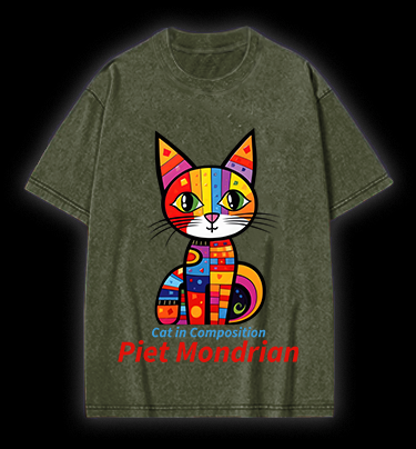 Cat: Piet Mondrian Vibe Vintage Washed 100% Cotton T-Shirt