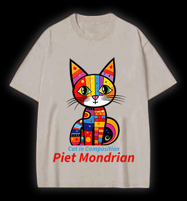 Cat: Piet Mondrian Vibe Vintage Washed 100% Cotton T-Shirt