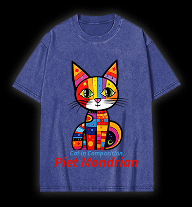 Cat: Piet Mondrian Vibe Vintage Washed 100% Cotton T-Shirt