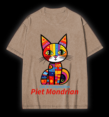 Cat: Piet Mondrian Vibe Vintage Washed 100% Cotton T-Shirt