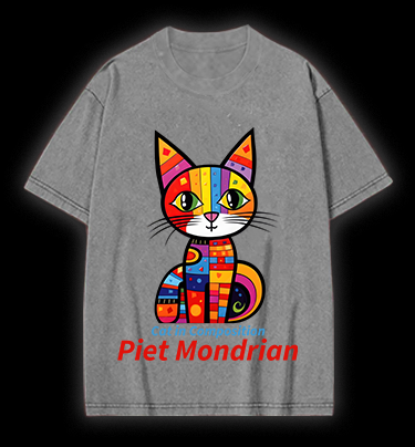 Cat: Piet Mondrian Vibe Vintage Washed 100% Cotton T-Shirt