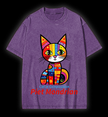Cat: Piet Mondrian Vibe Vintage Washed 100% Cotton T-Shirt
