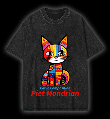 Cat: Piet Mondrian Vibe Vintage Washed 100% Cotton T-Shirt