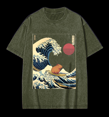 Capybara's Surfing Vibe Vintage Washed 100% Cotton T-Shirt
