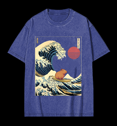 Capybara's Surfing Vibe Vintage Washed 100% Cotton T-Shirt