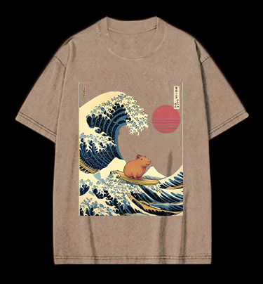 Capybara's Surfing Vibe Vintage Washed 100% Cotton T-Shirt