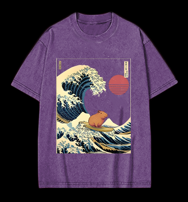 Capybara's Surfing Vibe Vintage Washed 100% Cotton T-Shirt